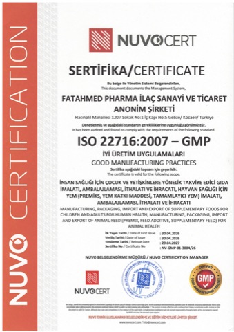 ISO 22716:2007 GMP certificate, issued by NUVOCERT to FatahMed Pharma