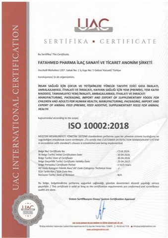 ISO 10002:2018 Customer Satisfaction Management System certificate, issued by UAC International Certification to FatahMed Pharma