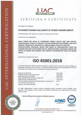 ISO 45001:2018 Occupational Health and Safety Management System certificate, issued by UAC International Certification to FatahMed Pharma