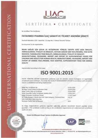 ISO 9001:2015 Quality Management System certificate, issued by UAC International Certification to FatahMed Pharma