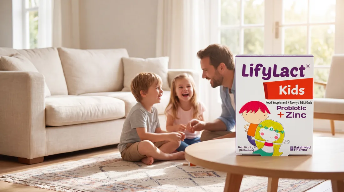 Qonaq otağında xalçanın üzərində gülən ata və iki kiçik uşaq, masada LifyLact Kids qutusu