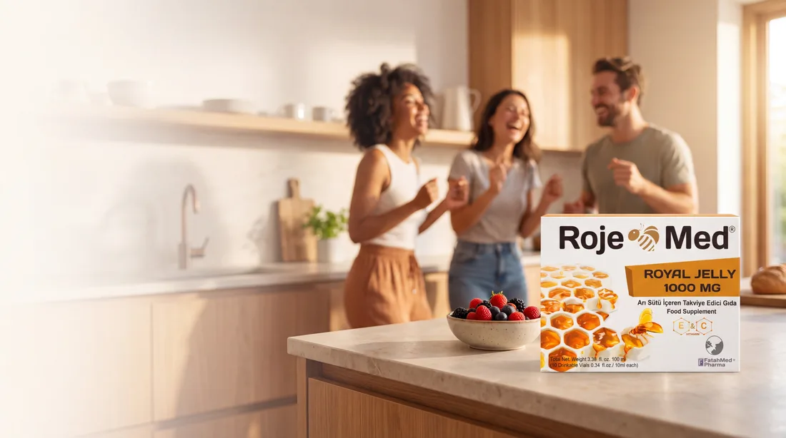 أصدقاء يرقصون ويضحكون في مطبخ مشمس، مع عبوة Roje Med على سطح المطبخ