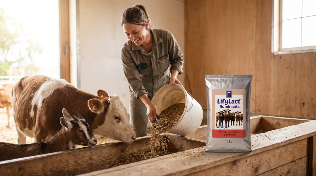 مزارعة تغرف العلف في معلف لعجل وماعز صغير، وخليط علف LifyLact Ruminants في المقدمة