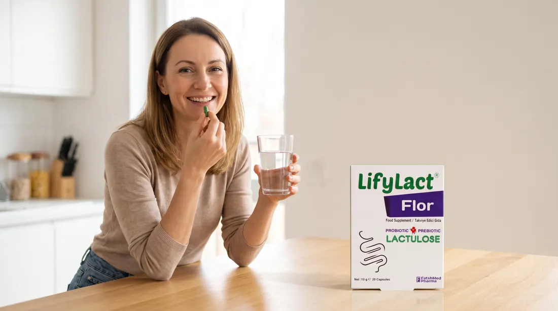 امرأة على طاولة إفطار مشمسة تتناول كبسولة، وعلبة LifyLact Flor على الطاولة في المقدمة